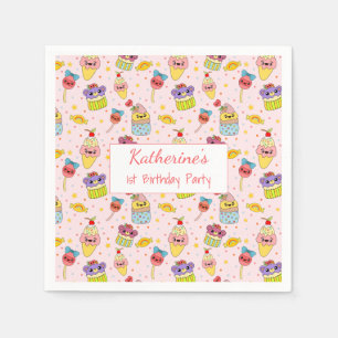 Cute Pink Kawaii Sweets Happy 1st Birthday Party Napkin