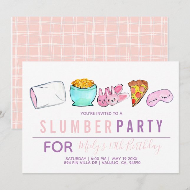 Cute pink kid slumber party birthday invite (Front/Back)