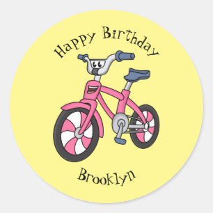 Cute pink kids bicycle cartoon illustration  classic round sticker