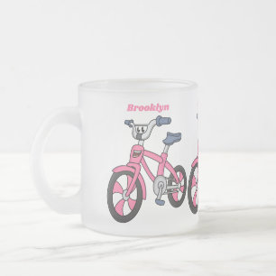 Cute pink kids bicycle cartoon illustration frosted glass coffee mug