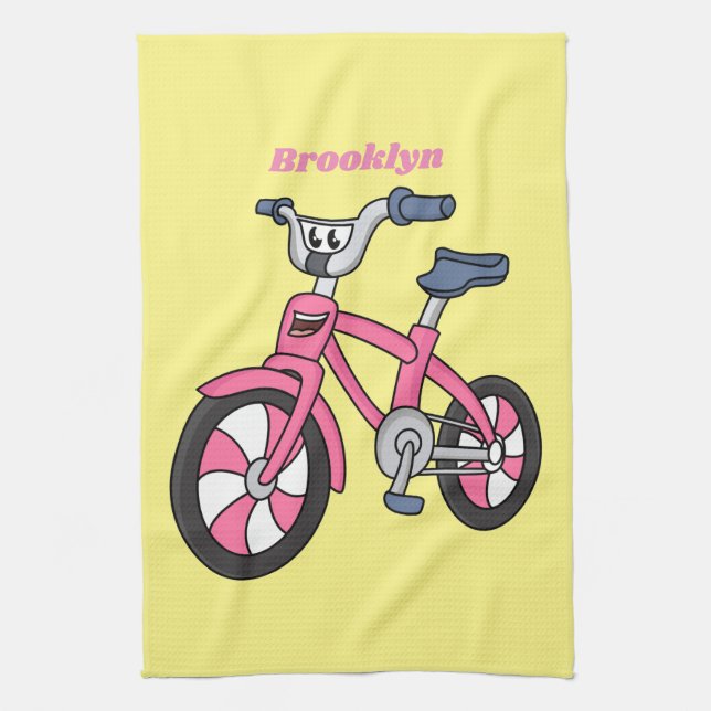 Cute pink kids bicycle cartoon illustration tea towel (Vertical)