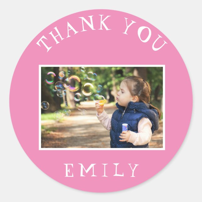 Cute Pink Kids Girly Photo Thank you Classic Round Sticker (Front)