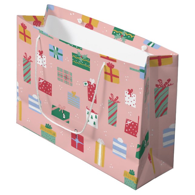 Cute Pink Kids Holiday Christmas Package Present  Large Gift Bag (Front Angled)