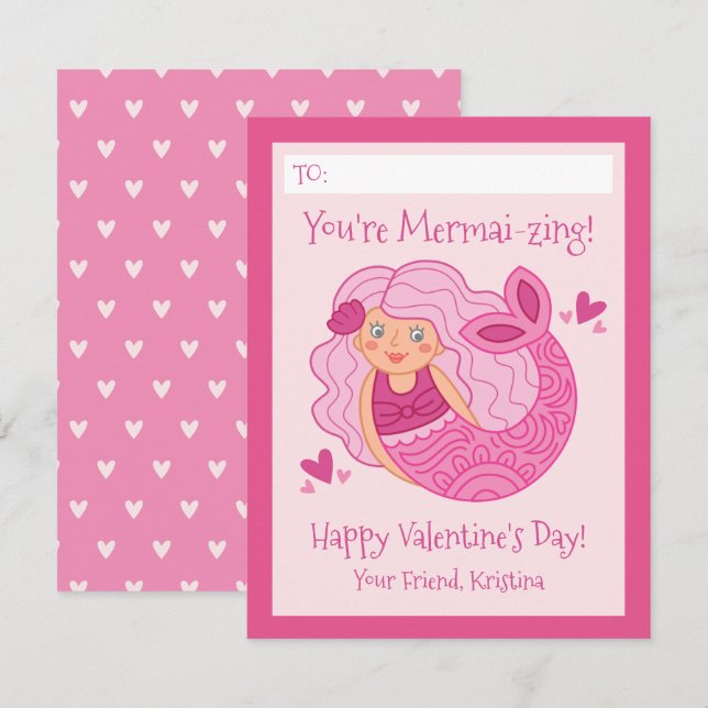 Cute Pink Kids Mermaid Valentine Card (Front/Back)