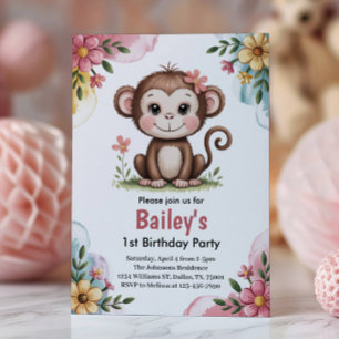 Cute Pink Kids Monkey 1st Birthday Party Invitation