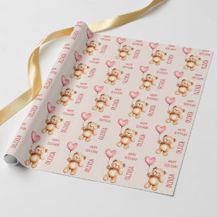 Cute Pink Kids Name Watercolor Bear Happy Birthday Wrapping Paper