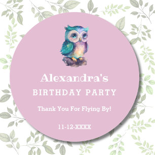 Cute Pink Kids Owl Birthday Thank You Classic Round Sticker