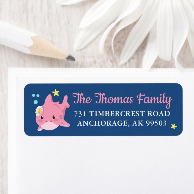 Cute Pink Kids Shark Under The Sea Return Address (Insitu)