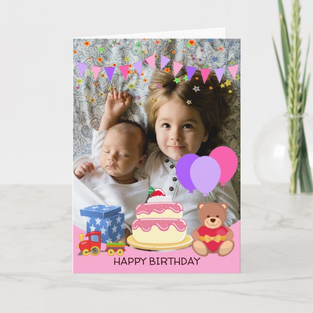 Cute Pink Kids Toys Birthday Celebration Photo Card (Front)