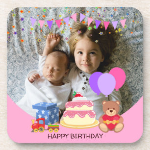 Cute Pink Kids Toys Birthday Celebration Photo Coaster