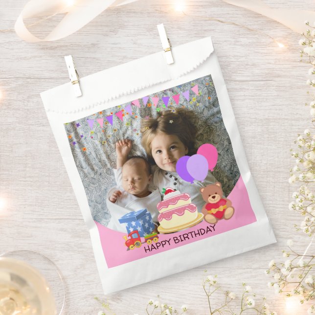 Cute Pink Kids Toys Birthday Celebration Photo Favour Bags (Clipped)