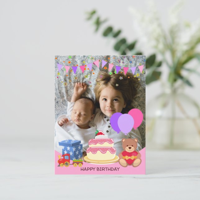 Cute Pink Kids Toys Birthday Celebration Photo Postcard (Standing Front)