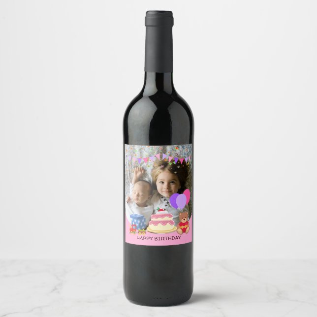 Cute Pink Kids Toys Birthday Celebration Photo Wine Label (Front)