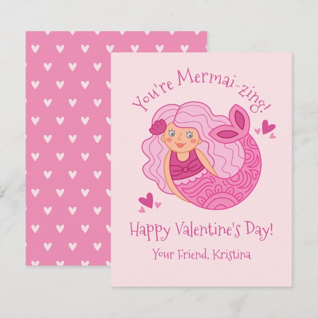 Cute Pink Kids Valentine Mermaid Card (Front/Back)