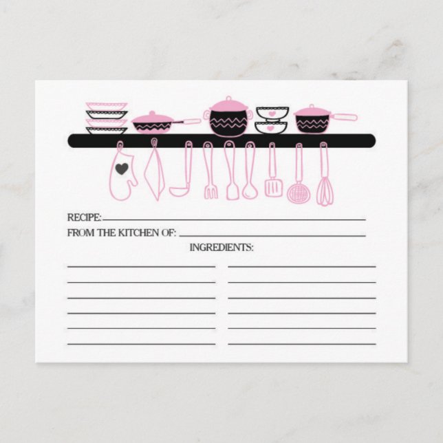 Cute Pink Kitchen Gadgets Bridal  Recipe Cards (Front)