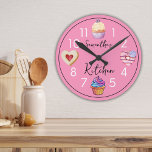 Cute Pink Kitchen Watercolor Cupcake Personalised  Round Clock<br><div class="desc">Personalised kitchen wall clock with cute watercolor sweet treats-cupcakes and cookies.</div>