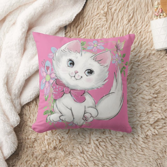 Cute Pink Kitten and Flowers Girls Cushion (Blanket)