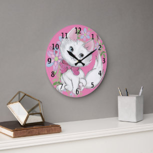 Cute PInk Kitten and Flowers Girl's Large Clock