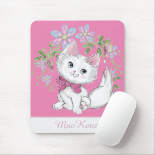 Cute Pink Kitten and Flowers Girl's  Mouse Mat
