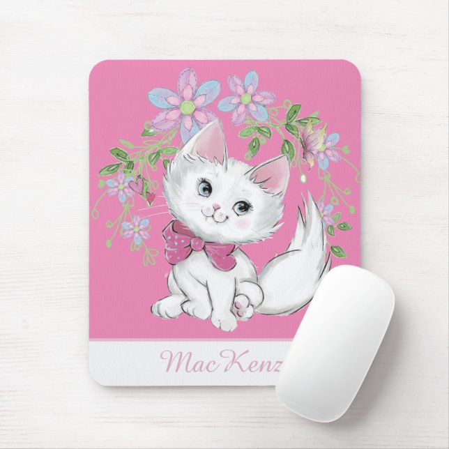 Cute Pink Kitten and Flowers Girl's  Mouse Mat (With Mouse)