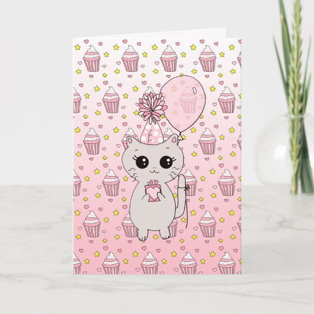 Cute Pink Kitten Girl's Happy Birthday Card (Front)