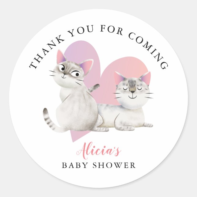 Cute Pink Kitten Twins Baby Shower Favour Classic Round Sticker (Front)