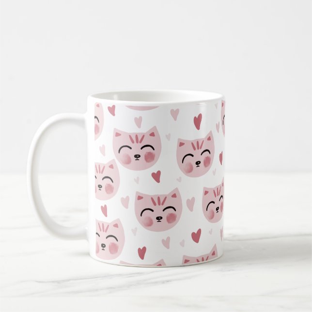 Cute Pink Kittens and Hearts Pattern for Kids Coffee Mug (Left)