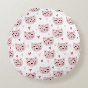 Cute Pink Kittens and Hearts Pattern for Kids Round Cushion