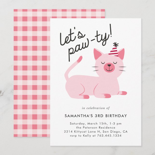 Cute Pink Kitty Cat Birthday Party Invitation (Front/Back)
