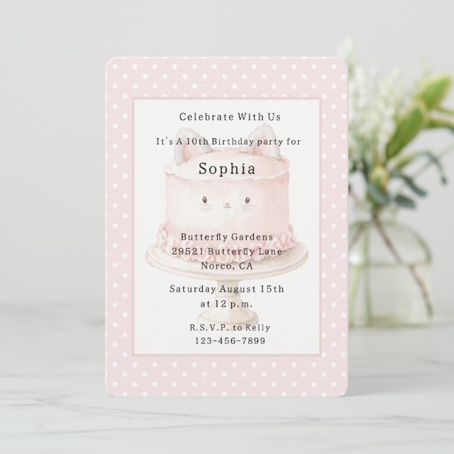 Cute Pink Kitty Cat Cake Birthday  Invitation (Standing Front)