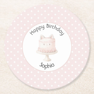 Cute Pink Kitty Cat Cake Birthday Round Paper Coaster