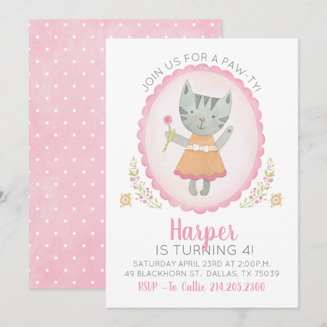 Cute Pink Kitty Cat Girl Birthday Invitation (Front/Back)