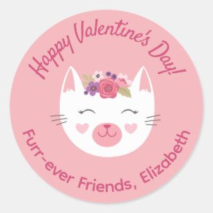 Cute Pink Kitty Cat Kids Valentines Day Classroom Classic Round Sticker