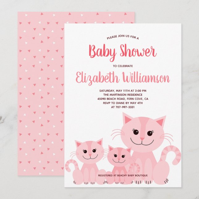 Cute Pink Kitty Cat Kitten Girl Modern Baby Shower Invitation (Front/Back)
