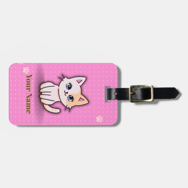 Cute Pink Kitty Cat Personalised Backpack Bag Tag (Front Horizontal)