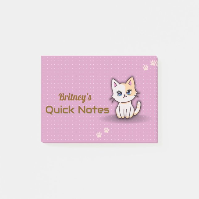 Cute Pink Kitty Cat Personalised Name Post-it Notes (Front)