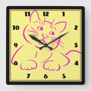 Cute Pink Kitty Cat Square Wall Clock