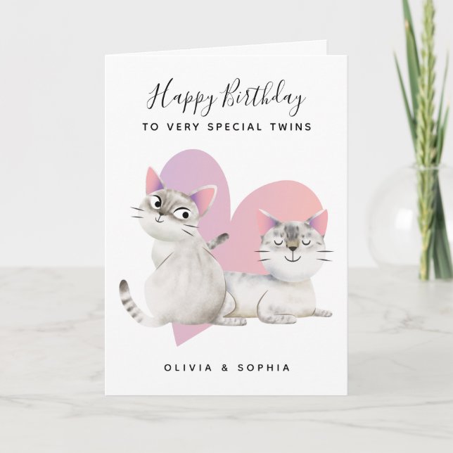 Cute Pink Kitty Cat Twin Girls Birthday Card (Front)