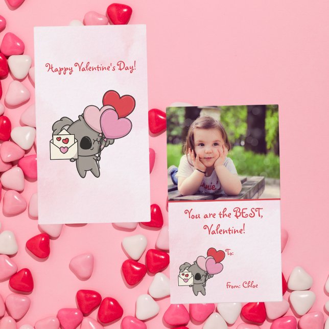 Cute Pink Koala Photo Kids Classroom Valentine's Card (Creator Uploaded)