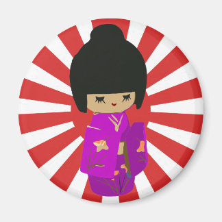 Cute Pink  Kokeshi Doll on rising sun Magnet