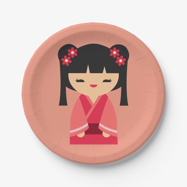 Cute pink Kokeshi Japanese dolls Paper Plate (Front)