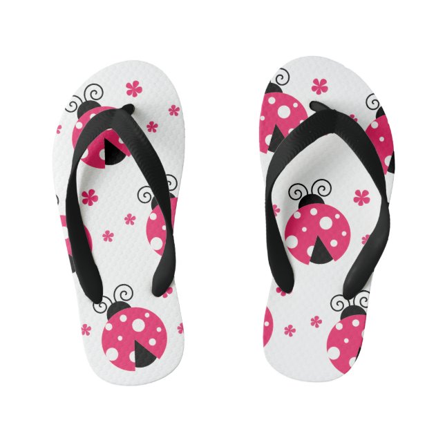 Cute Pink Labybirds and Flowers Kid's Flip Flops (Footbed)