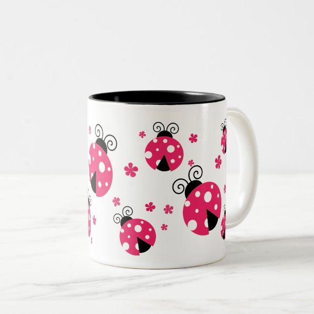 Cute Pink Labybirds and Flowers Two-Tone Coffee Mug (Front Right)