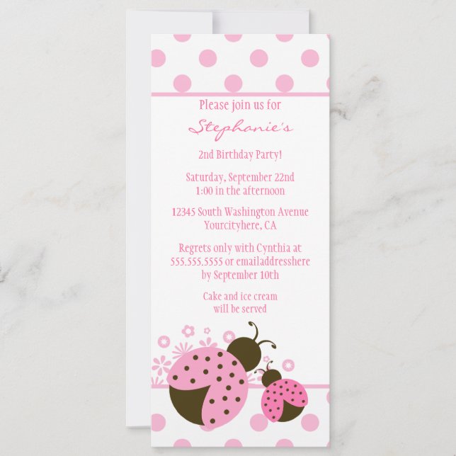 Cute pink lady bug girls birthday party invitation (Front)