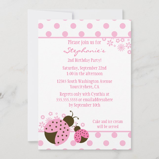 Cute pink lady bug girls birthday party invitation (Front)
