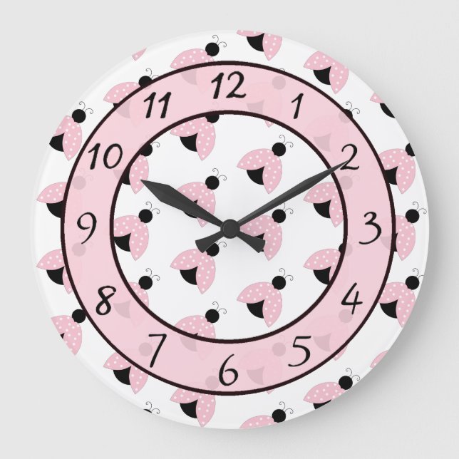 Cute pink Ladybug children's or baby nursery Large Clock (Front)