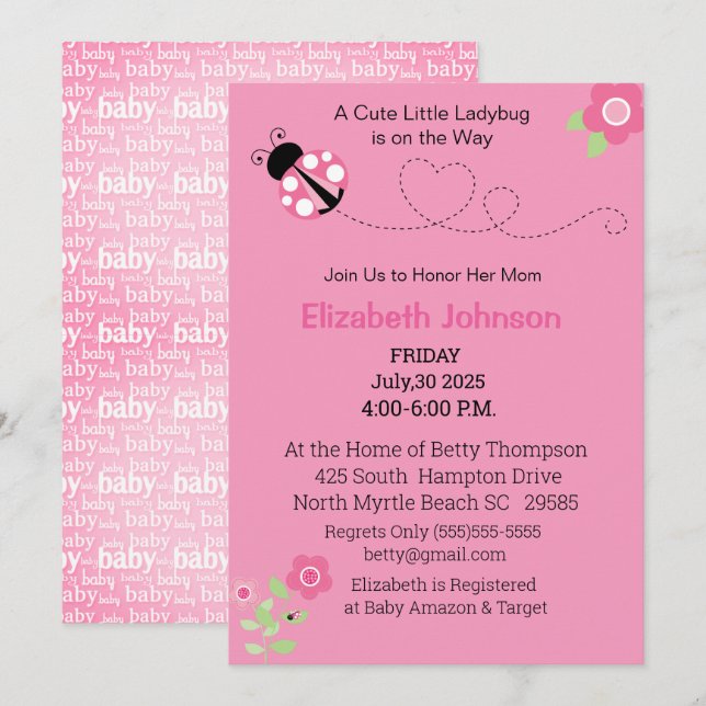 Cute Pink Ladybug Floral Baby Shower Invitation (Front/Back)
