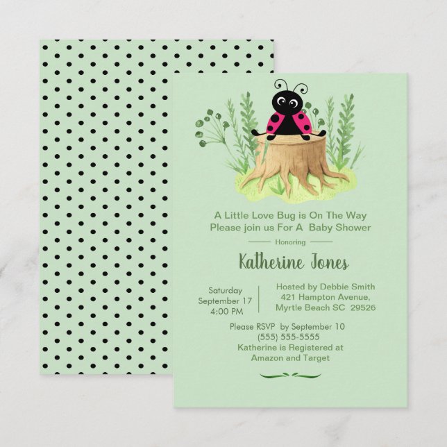 Cute Pink Ladybug Forrest Baby Shower Invitation (Front/Back)