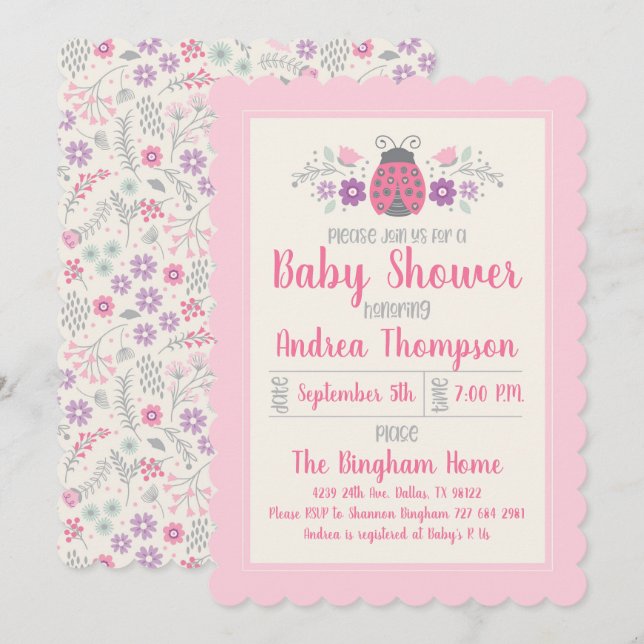 Cute Pink Ladybug Girl Baby Shower Invitation (Front/Back)