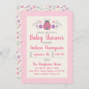 Cute Pink Ladybug Girl Baby Shower Invitation
